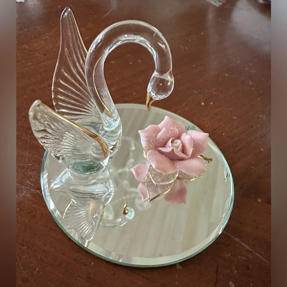 Crystal swan and pink porcelain rose tchotchke trinket